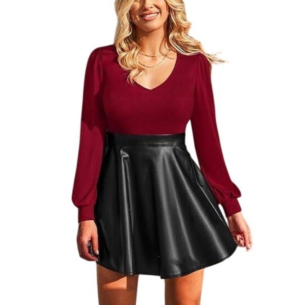 Black Faux Leather A Line Skater Skirt Pleated Mini Size L